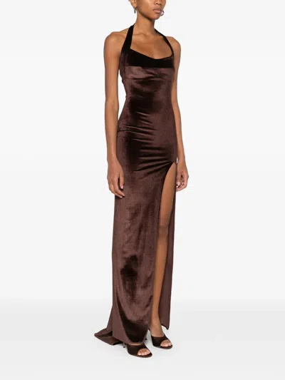 Atu Body Couture Halterneck Leg-slit Maxi Dress In Brown