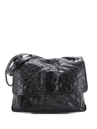 Pre-owned Saint Laurent Niki Chain Flap Bag Matelasse Chevron Leather Medium Shoulder Bag In Black