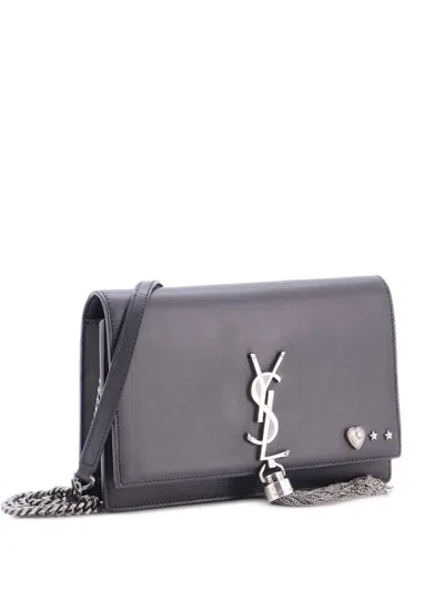 Pre-owned Saint Laurent Classic Monogram Tassel Chain Wallet Embellished Leather Small Crossbody Bag In Black