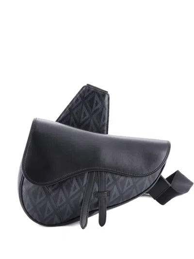 Pre-owned Dior Saddle Cd Diamond Coated Canvas And Leather Crossbody Bag In Black