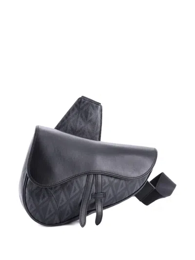 Pre-owned Dior Saddle Cd Diamond Coated Canvas And Leather Crossbody Bag In Black
