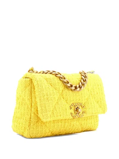 Pre-owned Chanel 19 Flap Bag Quilted Tweed Medium Crossbody Bag In Yellow