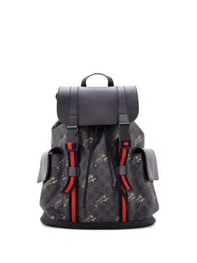 Pre-owned Gucci Double Pocket Buckle Printed Gg Coated Canvas Large Backpack In Black