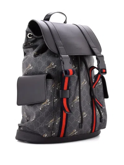 Pre-owned Gucci Double Pocket Buckle Printed Gg Coated Canvas Large Backpack In Black