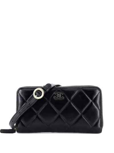 Pre-owned Chanel Zip Around Waist Quilted Shiny Lambskin Belt Bag In Black