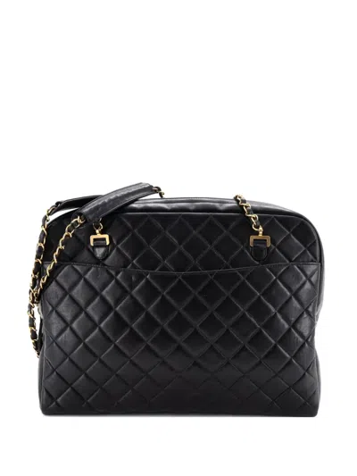 Pre-owned Chanel Front Pocket Camera Bag Quilted Lambskin Large Shoulder Bag In Black