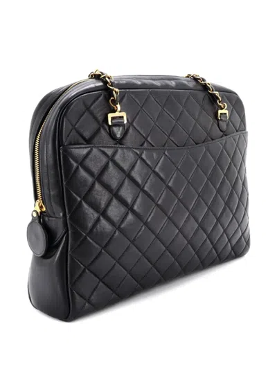 Pre-owned Chanel Front Pocket Camera Bag Quilted Lambskin Large Shoulder Bag In Black