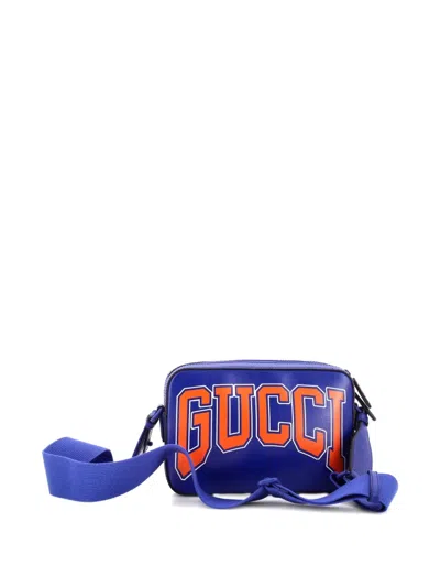 Pre-owned Gucci Ny Dragons Camera Crossbody Bag Printed Leather Small Shoulder Bag In Blue