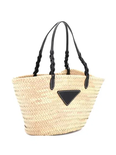 Pre-owned Prada Basket Raffia With Leather Small Tote Bag In Neutral