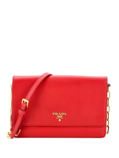 Pre-owned Prada Wallet On Strap Saffiano Leather Small Crossbody Bag In Red