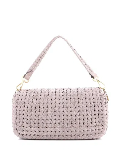 Pre-owned Fendi Baguette Nm Bag Woven Raffia Medium Shoulder Bag In Gray