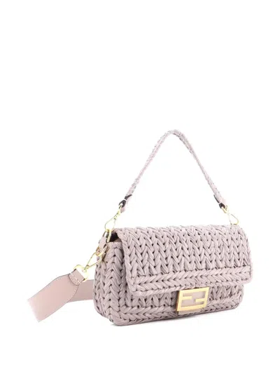 Pre-owned Fendi Baguette Nm Bag Woven Raffia Medium Shoulder Bag In Gray