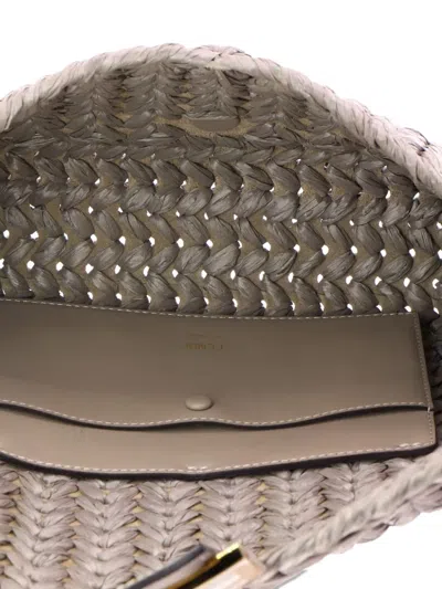 Pre-owned Fendi Baguette Nm Bag Woven Raffia Medium Shoulder Bag In Gray