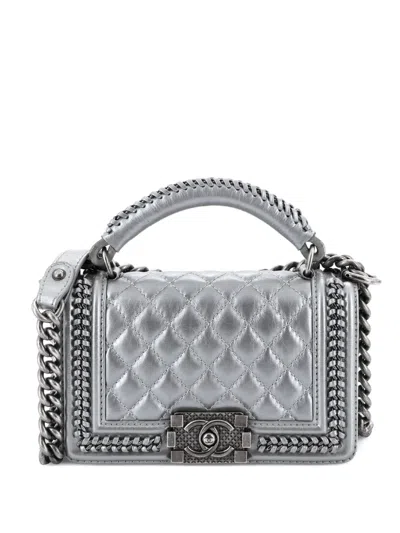 Pre-owned Chanel Chain Handle Boy Flap Bag Quilted Calfskin Small Shoulder Bag In Gray