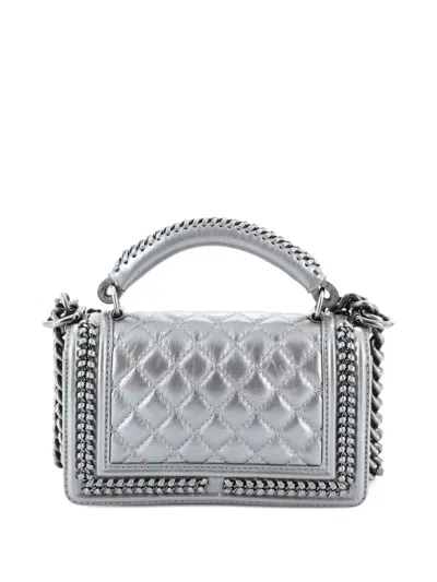 Pre-owned Chanel Chain Handle Boy Flap Bag Quilted Calfskin Small Shoulder Bag In Gray