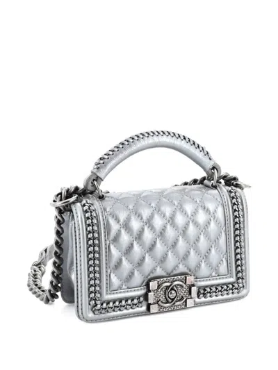 Pre-owned Chanel Chain Handle Boy Flap Bag Quilted Calfskin Small Shoulder Bag In Gray
