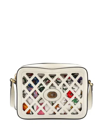 Pre-owned Gucci Camera Cutout Leather With Flora Canvas Small Crossbody Bag In Multi