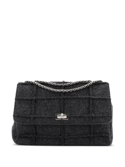 Pre-owned Chanel Chocolate Bar Mademoiselle Flap Bag Quilted Wool Jumbo Shoulder Bag In Gray