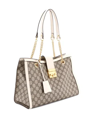 Pre-owned Gucci Padlock Chain Gg Coated Canvas With Leather Medium Tote Bag In Brown