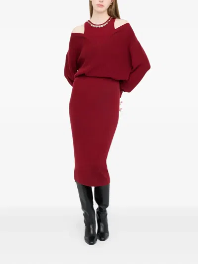 Liu •jo Embellished V-neck Knit Dress In Red