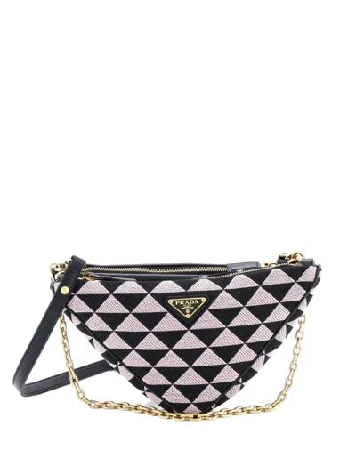 Pre-owned Prada Double Symbole Triangle Bag Leather And Jacquard Mini Shoulder Bag In Black