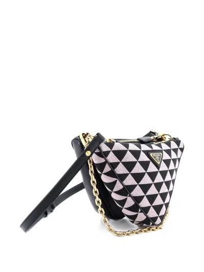 Pre-owned Prada Double Symbole Triangle Bag Leather And Jacquard Mini Shoulder Bag In Black