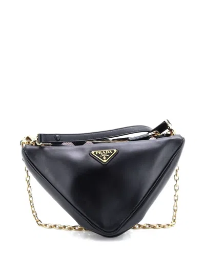 Pre-owned Prada Double Symbole Triangle Bag Leather And Jacquard Mini Shoulder Bag In Black