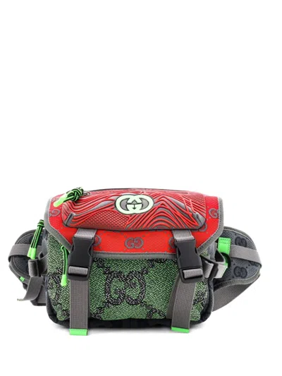 Pre-owned Gucci Buckle Flap Chest Strap Gg Fabric With Rubber Backpack In Blue