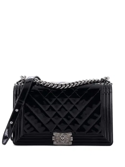 Pre-owned Chanel Boy Flap Bag Chevron Patent New Medium Shoulder Bag In Black