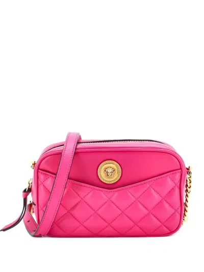 Pre-owned Versace Medusa Icon Front Slip Pocket Camera Bag Quilted Leather Small Crossbody Bag In Pink