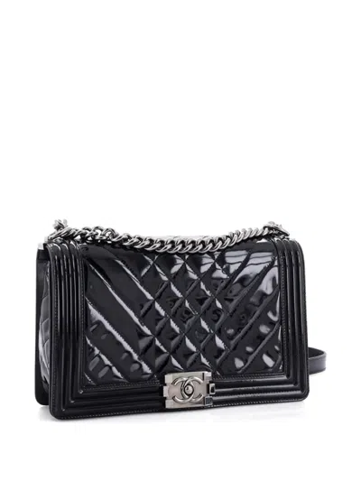 Pre-owned Chanel Boy Flap Bag Chevron Patent New Medium Shoulder Bag In Black