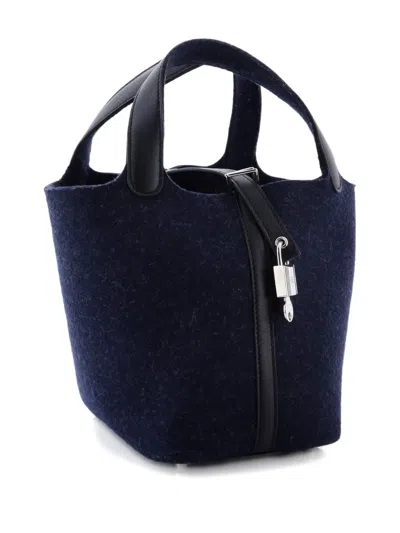 Pre-owned Hermes Picotin Lock Bag Felt With Leather Pm Bucket Bag In Black