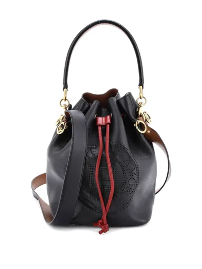 Pre-owned Fendi Mon Tresor Perforated Leather Small Bucket Bag In Black