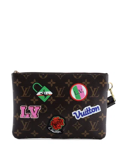Pre-owned Louis Vuitton City Pouch Limited Edition Patches Monogram Canvas Clutch Bag In Brown
