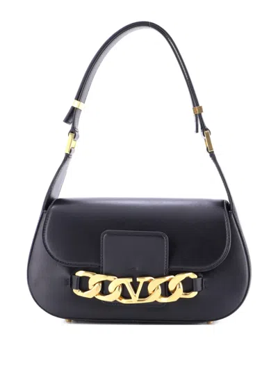 Pre-owned Valentino Garavani Vlogo Chain Flap Shoulder Bag Leather Medium Hobo Bag In Black