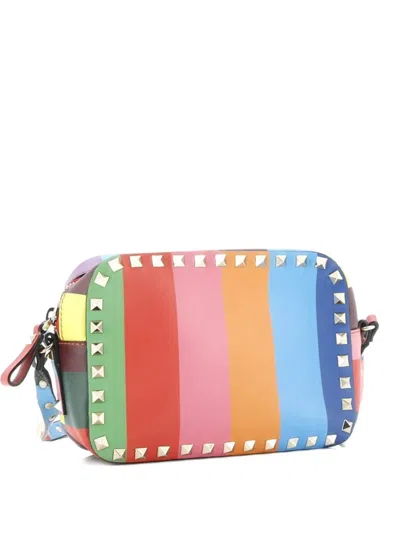 Pre-owned Valentino Garavani Rockstud 1973 Camera Striped Leather Crossbody Bag In Blue