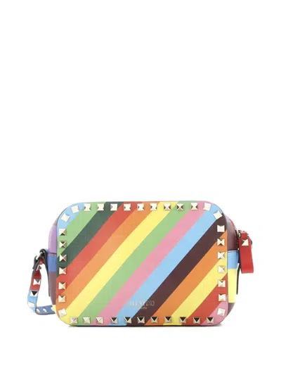 Pre-owned Valentino Garavani Rockstud 1973 Camera Striped Leather Crossbody Bag In Blue