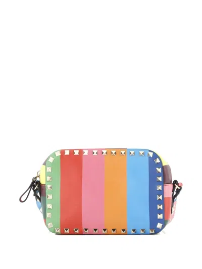 Pre-owned Valentino Garavani Rockstud 1973 Camera Striped Leather Crossbody Bag In Blue