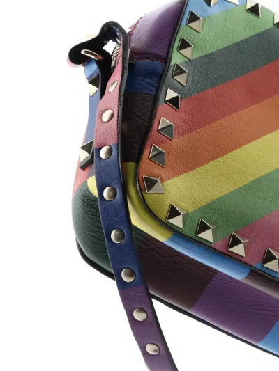 Pre-owned Valentino Garavani Rockstud 1973 Camera Striped Leather Crossbody Bag In Blue