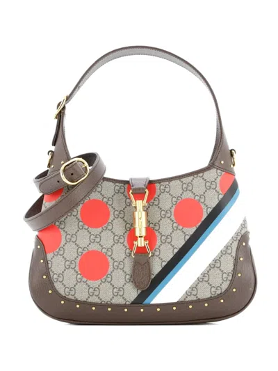 Pre-owned Gucci Jackie 1961 Studded Printed Gg Coated Canvas Small Hobo Bag In Brown
