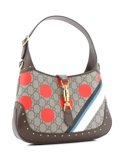 Pre-owned Gucci Jackie 1961 Studded Printed Gg Coated Canvas Small Hobo Bag In Brown