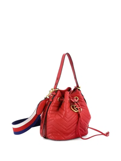 Pre-owned Gucci Gg Marmont Matelasse Leather Small Bucket Bag In Red