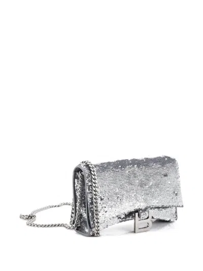 Pre-owned Balenciaga Hourglass Chain Wallet Leather With Sequins Crossbody Bag In Silver