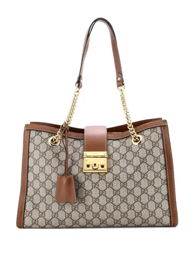 Pre-owned Gucci Padlock Chain Gg Coated Canvas With Leather Medium Tote Bag In Brown