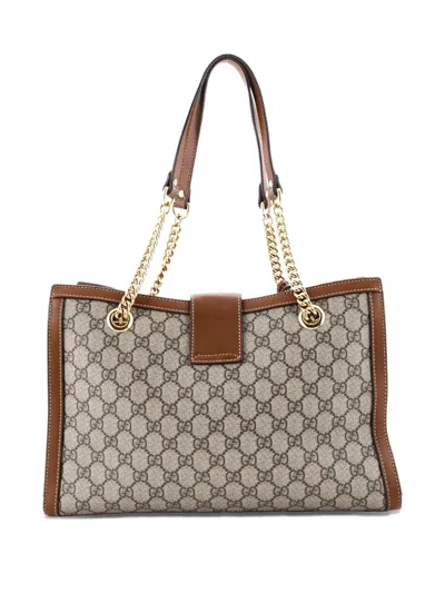 Pre-owned Gucci Padlock Chain Gg Coated Canvas With Leather Medium Tote Bag In Brown