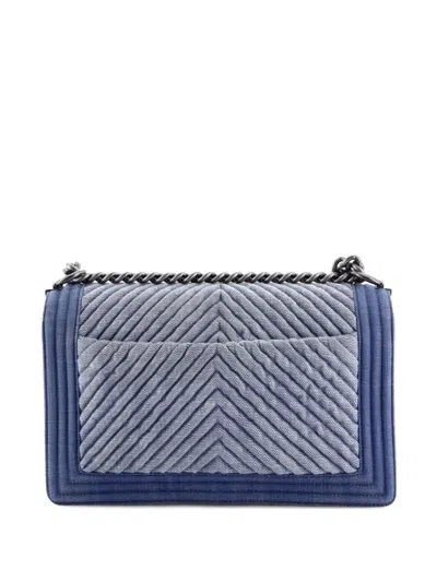 Pre-owned Chanel Boy Flap Bag Chevron Denim New Medium Shoulder Bag In Blue