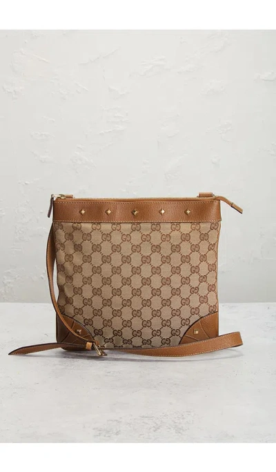 Fwrd Renew Gucci Studded Nailhead Flat Messenger Bag In Sand