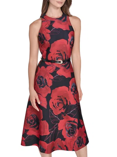 Halston Women's Belted Floral A-line Midi-dress In Red