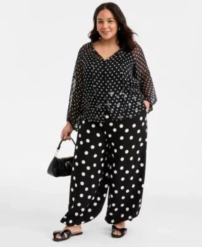 On 34th Trendy Plus Size Polka Dot Crinkle Chiffon Blouse Pull On Balloon Pants Macys Exclusive In Black