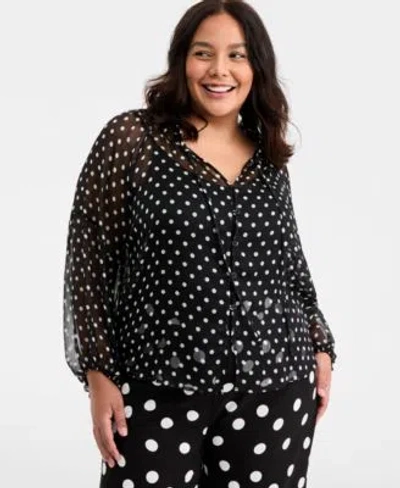 On 34th Trendy Plus Size Polka Dot Crinkle Chiffon Blouse Pull On Balloon Pants Macys Exclusive In Black